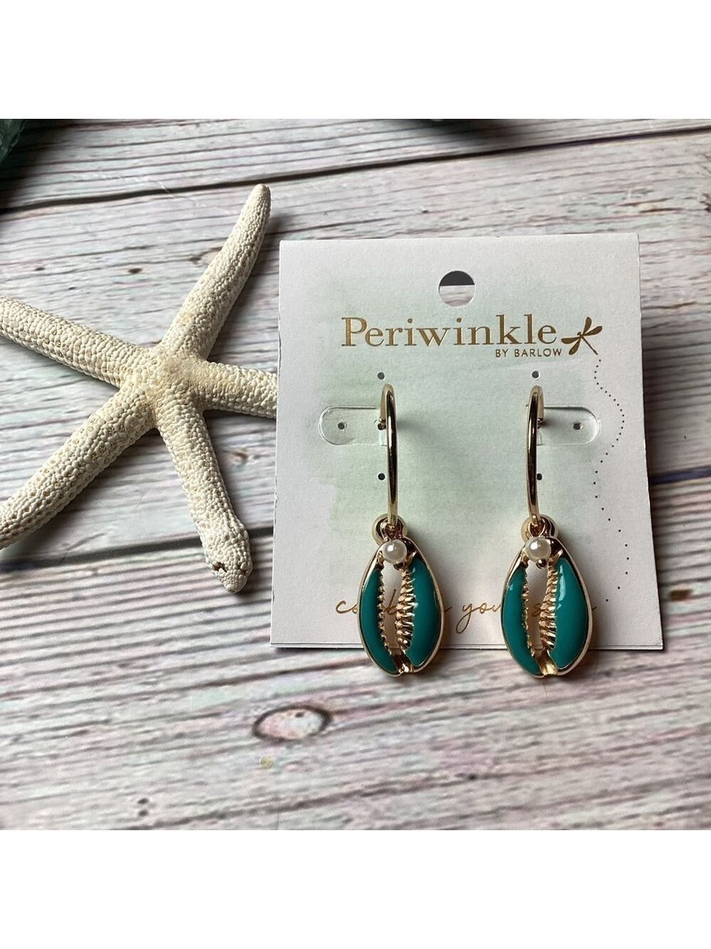 NEW PERIWINKLE‎ BY BARLOW SHELL EARRINGS GOLD AQUA BEACH VACATION